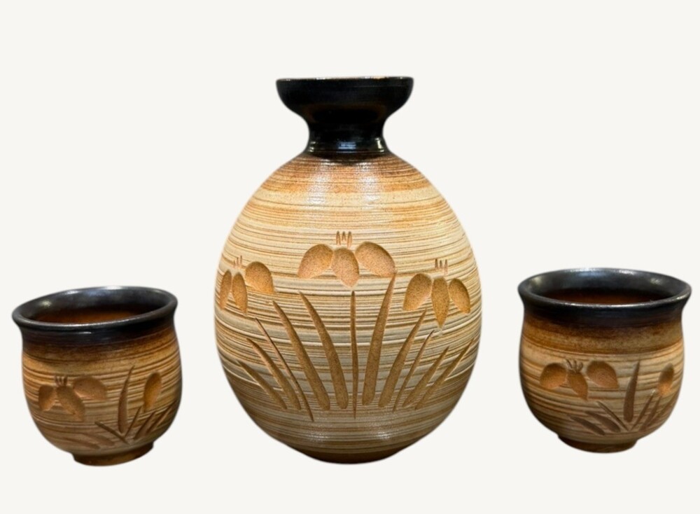 Vintage Korean Stoneware Sake Set Iris Flask 2 Cups Signed Pottery 1970s